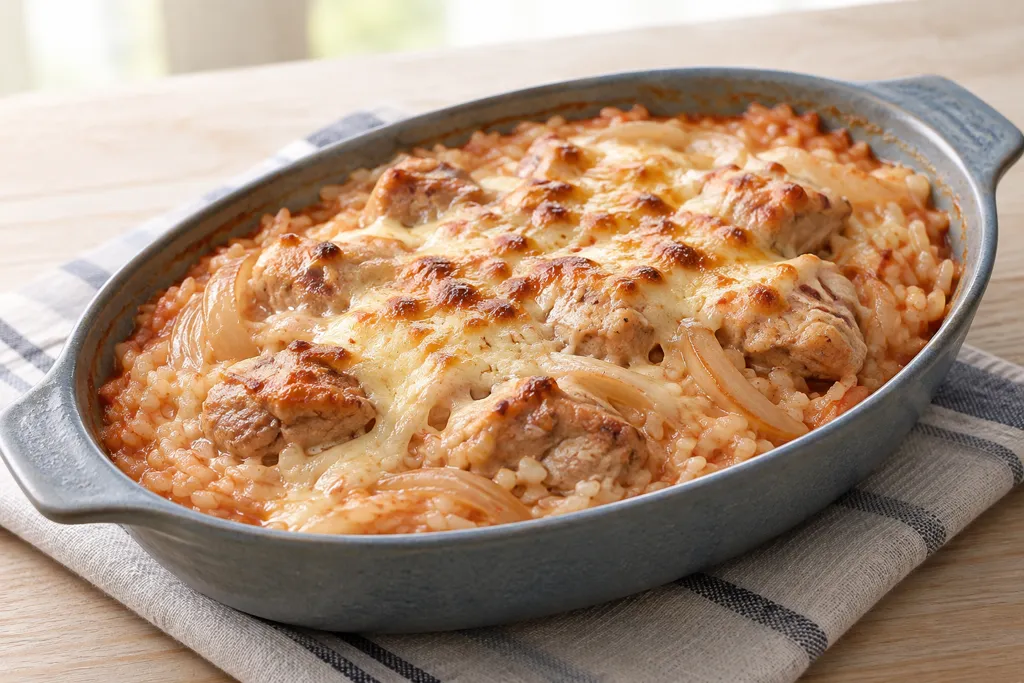 時短鶏もも肉と玉ねぎのライスグラタンの完成イメージ