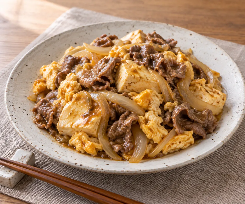 牛こま肉と玉ねぎの絹豆腐チャンプルーの完成イメージ