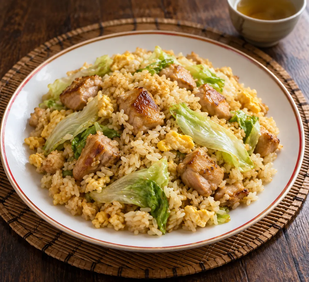 鶏もも肉とレタスのチャーハンの完成イメージ