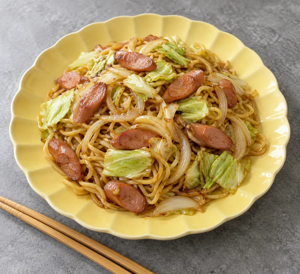 ウインナーとキャベツの中華焼き麺の完成イメージ