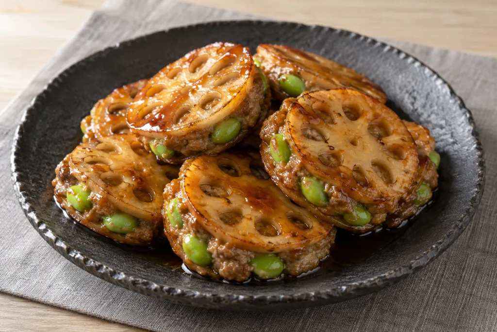 豚肉と枝豆のれんこんはさみ焼きの完成イメージ