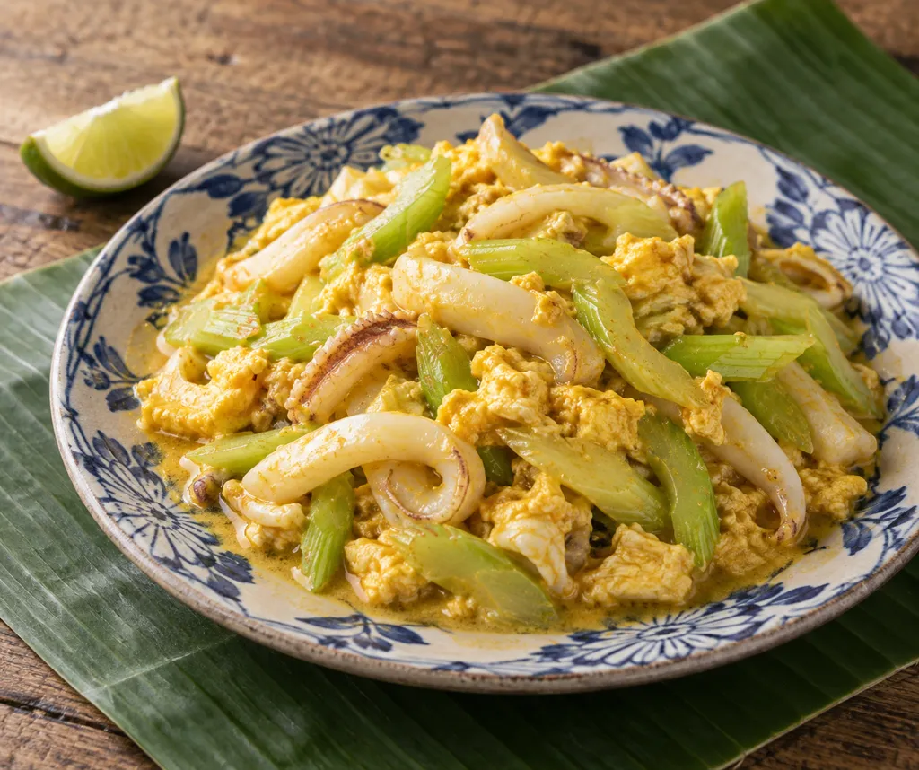 いかとセロリのタイ風カレー卵とじの完成イメージ