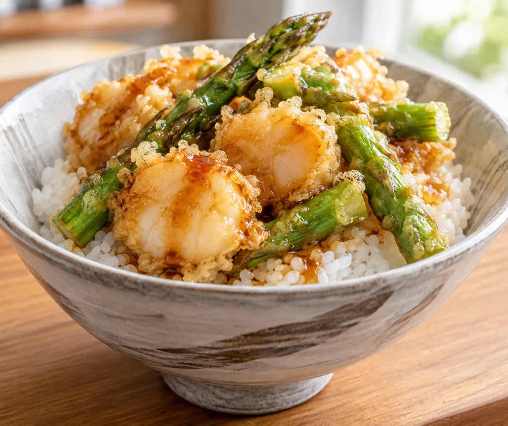 ほたてとアスパラガスの天丼の完成イメージ