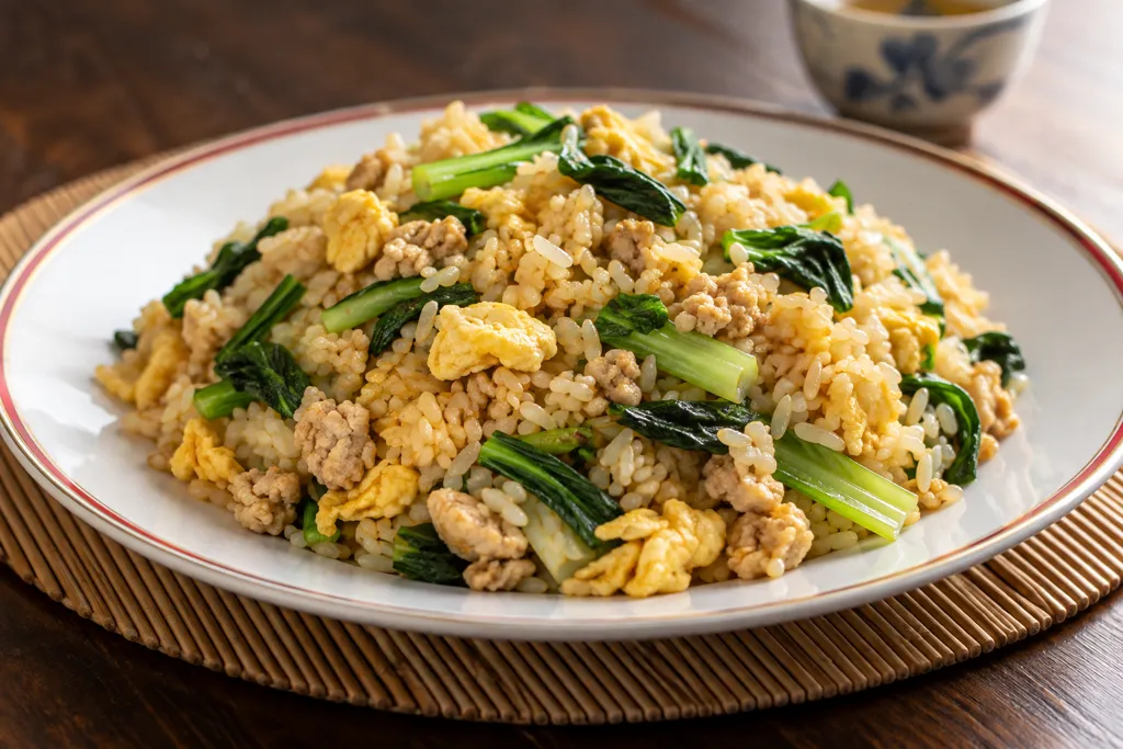 鶏ひき肉と小松菜の卵チャーハンの完成イメージ