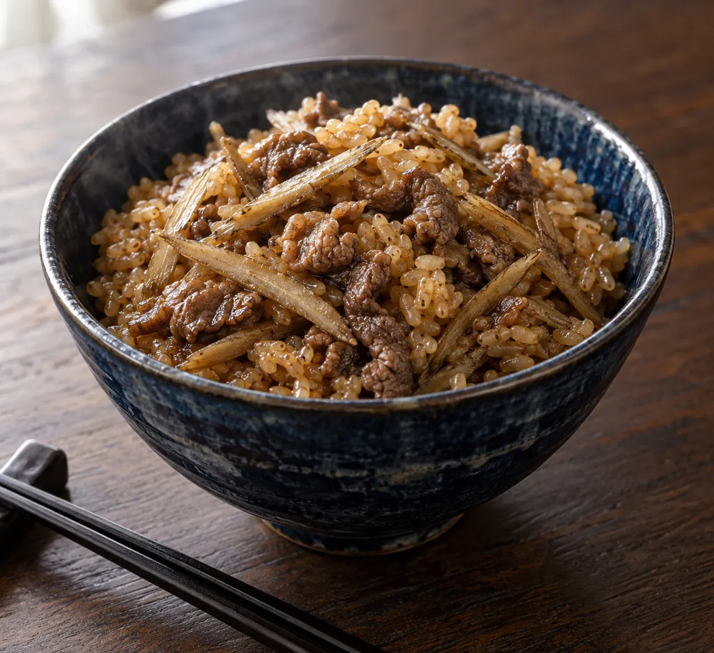 牛こま肉とごぼうの玄米炊き込みごはんの完成イメージ