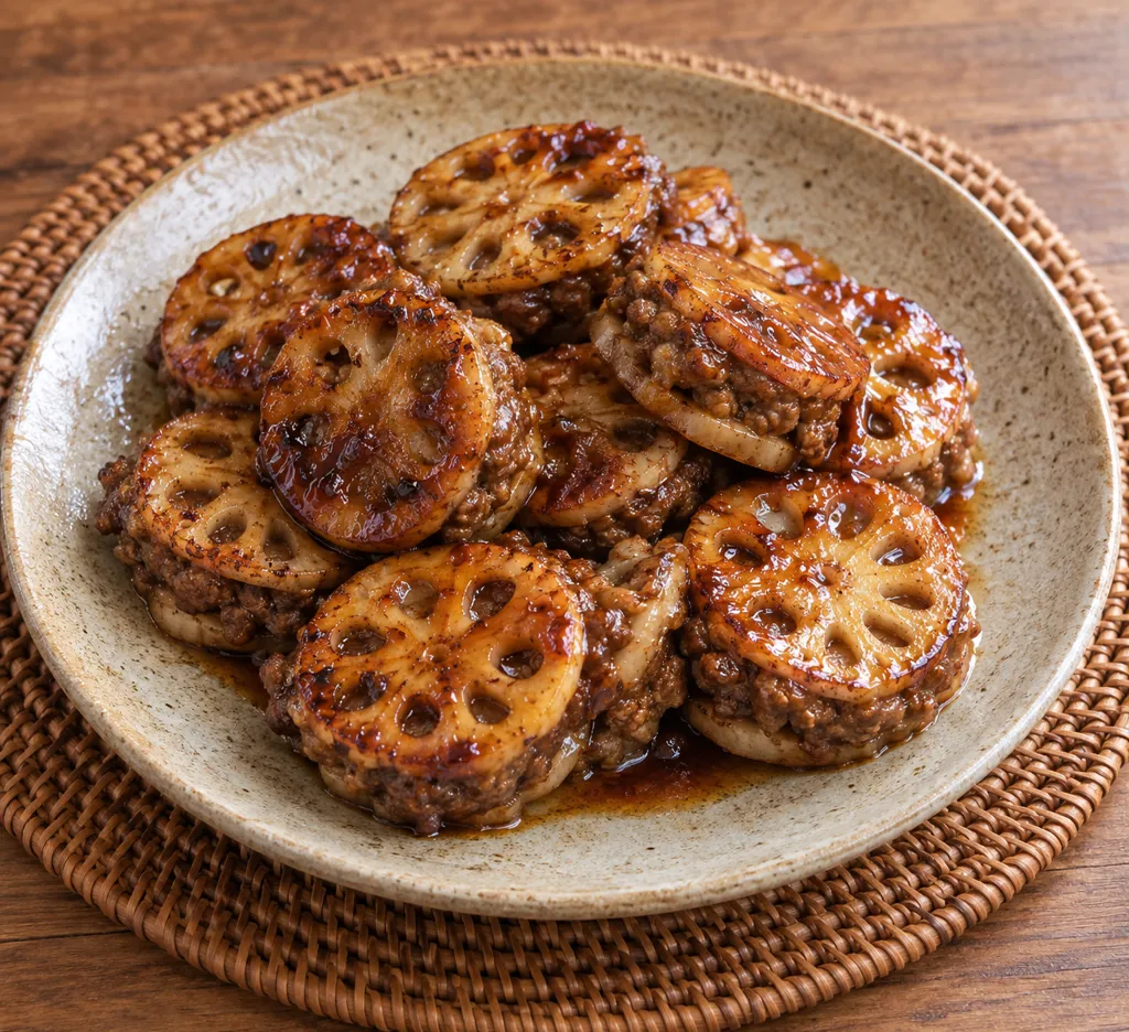 れんこんと牛ひき肉のにんにくはさみ焼きの完成イメージ