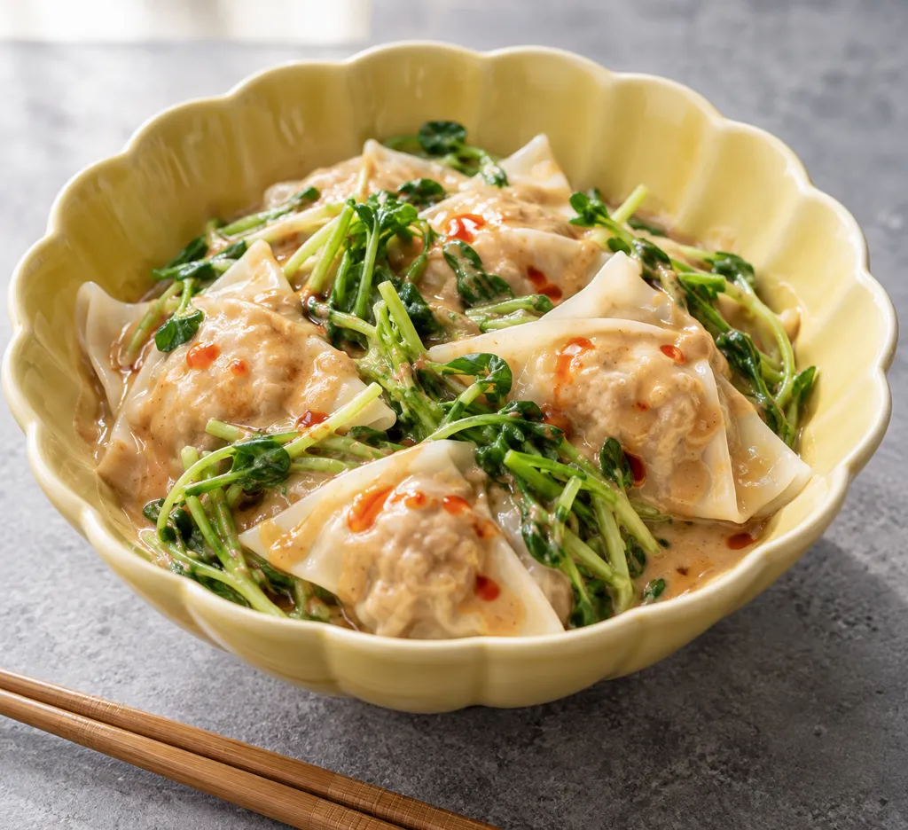 鶏ひき肉と豆苗のゆでワンタンごまだれの完成イメージ