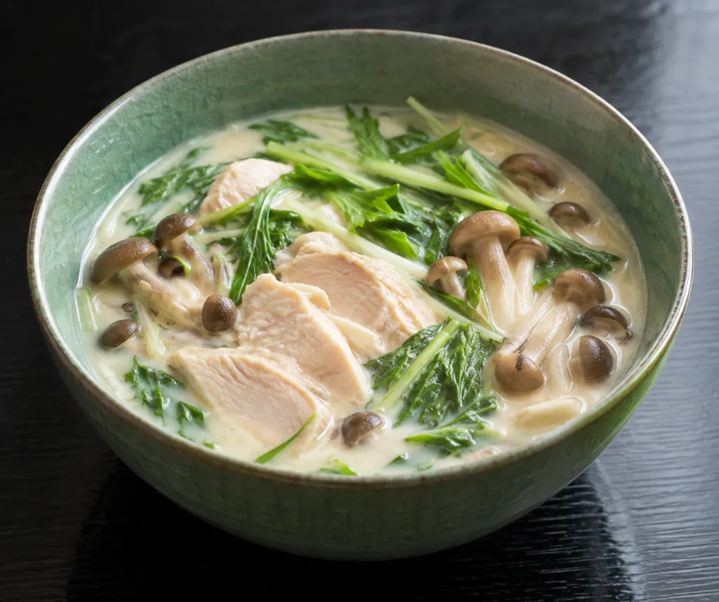 鶏むね肉と水菜の中華豆乳風鍋の完成イメージ