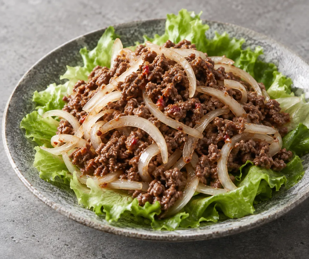 豚ひき肉と玉ねぎのラープ風レタス添えの完成イメージ