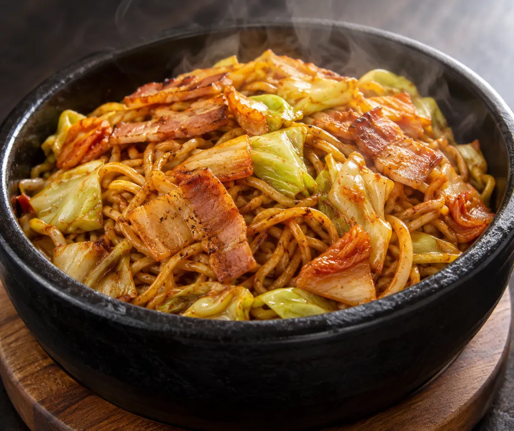 ベーコンとキャベツのキムチ焼きそばの完成イメージ