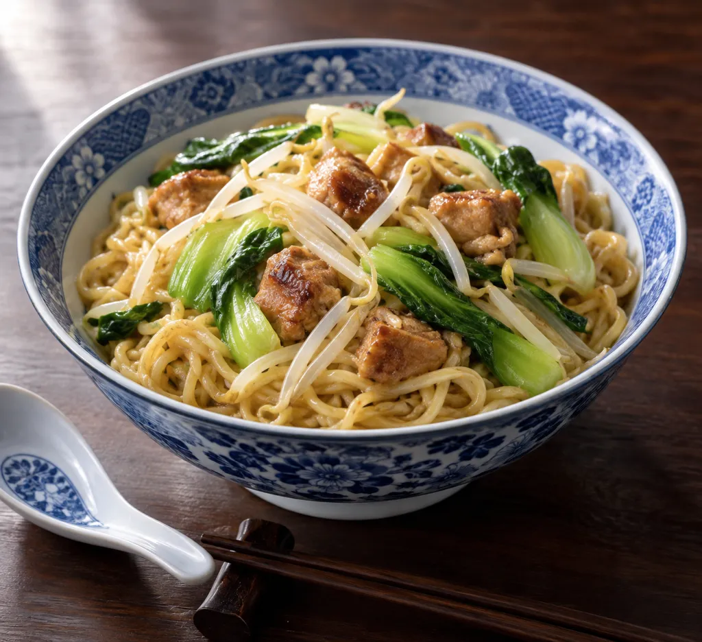 焼き鳥とチンゲン菜の塩焼きそばの完成イメージ