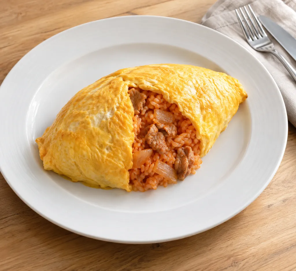 豚こま肉と玉ねぎのオムライスの完成イメージ
