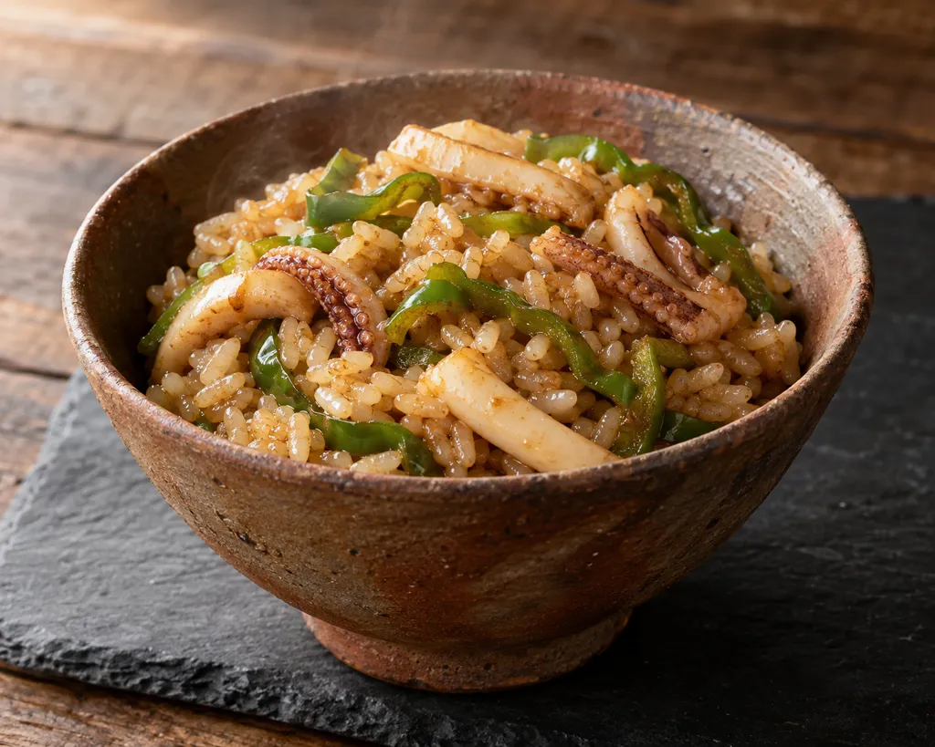 いかとピーマンの味噌醤油混ぜごはんの完成イメージ