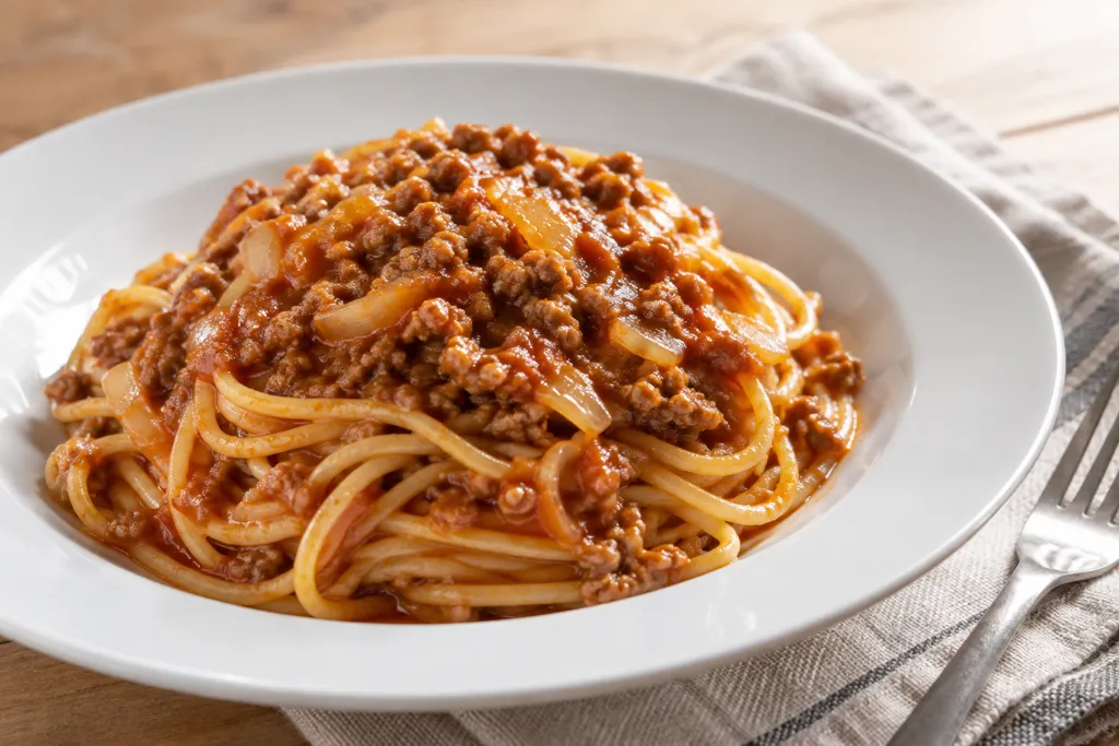 豚ひき肉と新玉ねぎのミートソースパスタの完成イメージ