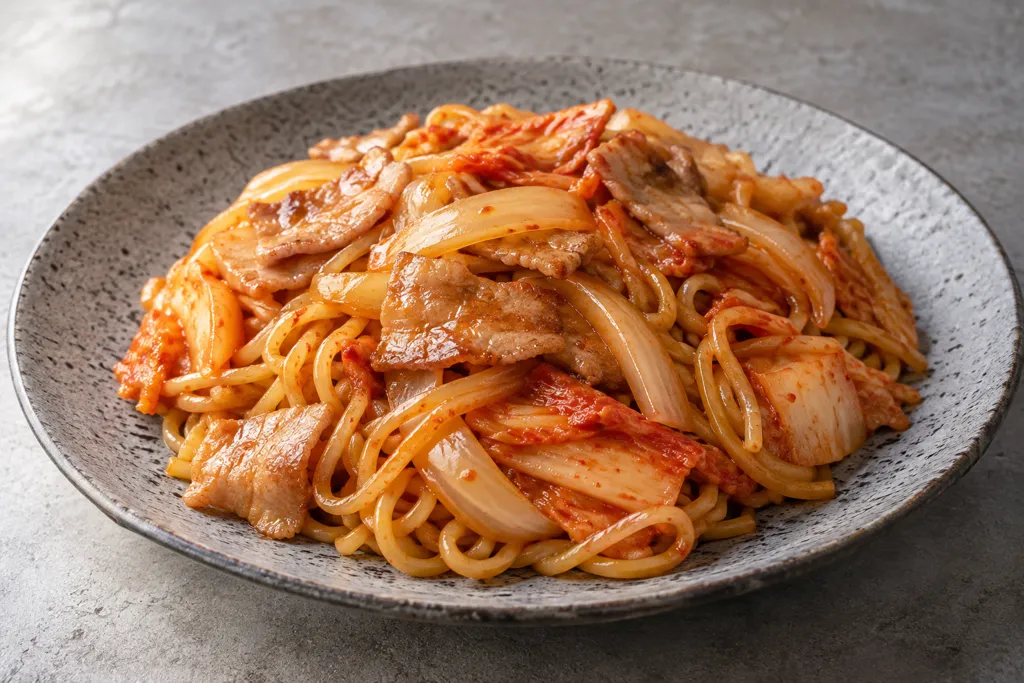 豚バラ肉と玉ねぎのキムチ焼き中華麺の完成イメージ