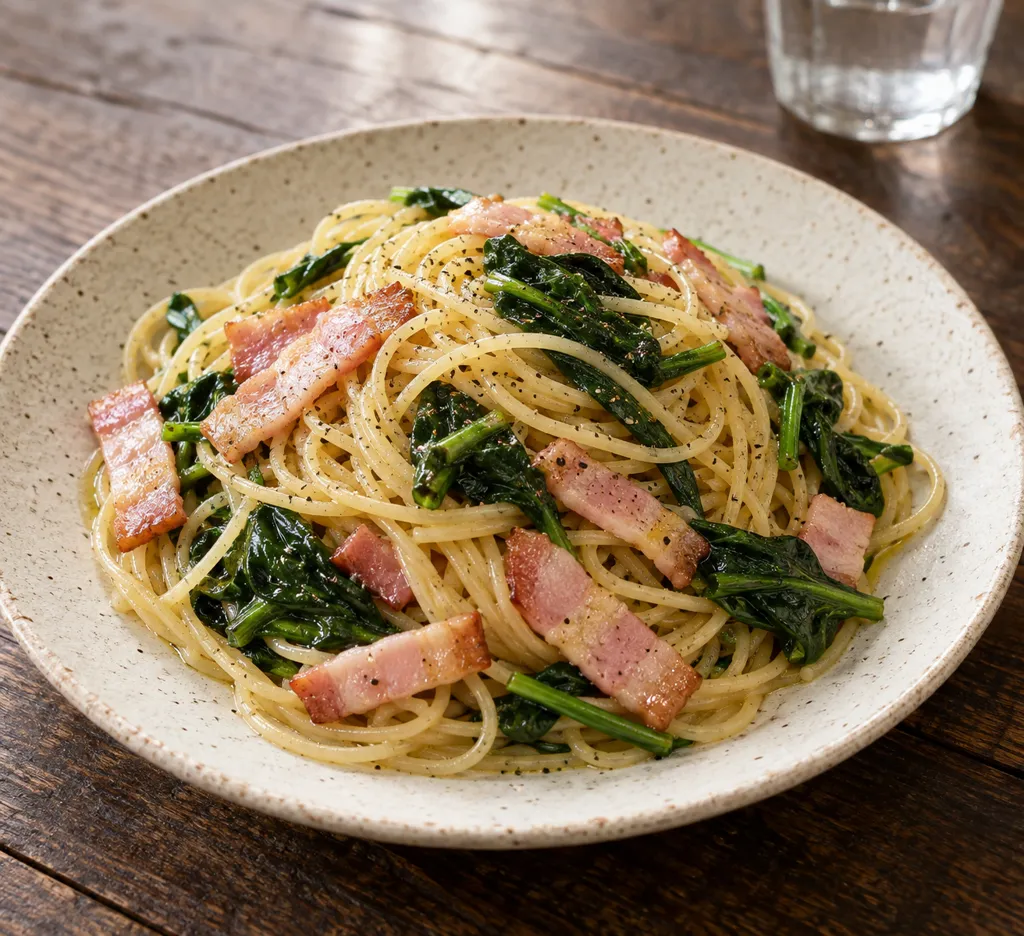 時短ベーコンとほうれん草のペペロン風パスタの完成イメージ