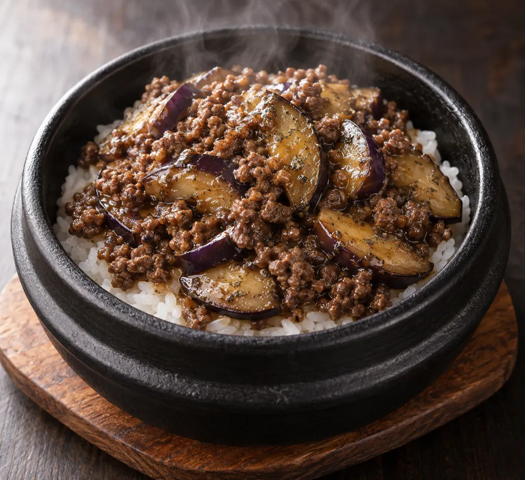 牛ひき肉となすのバジル炒めごはんの完成イメージ