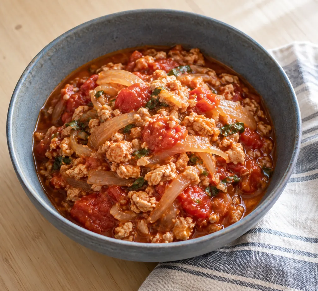 鶏ひき肉と玉ねぎのトマト煮の完成イメージ
