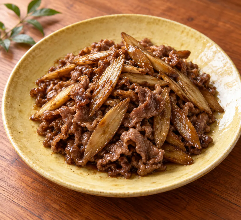 牛こま肉とごぼうの甘味噌炒めの完成イメージ