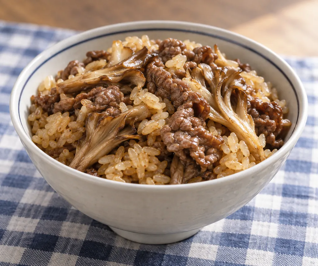 牛こま肉とまいたけの混ぜごはんの完成イメージ