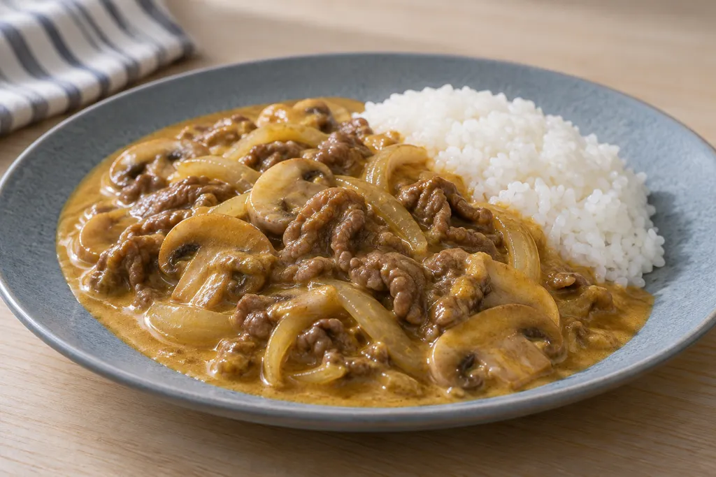 牛肉ときのこのカレークリーム煮の完成イメージ