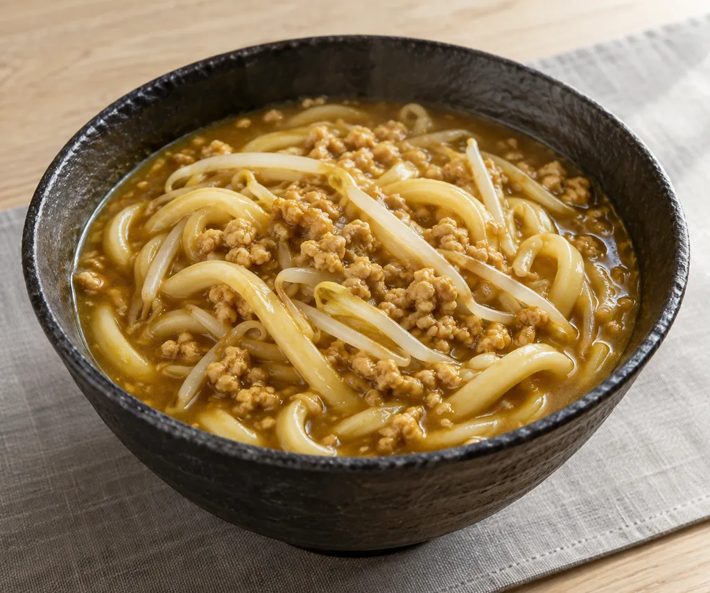 鶏ひき肉ともやしのカレーうどんの完成イメージ