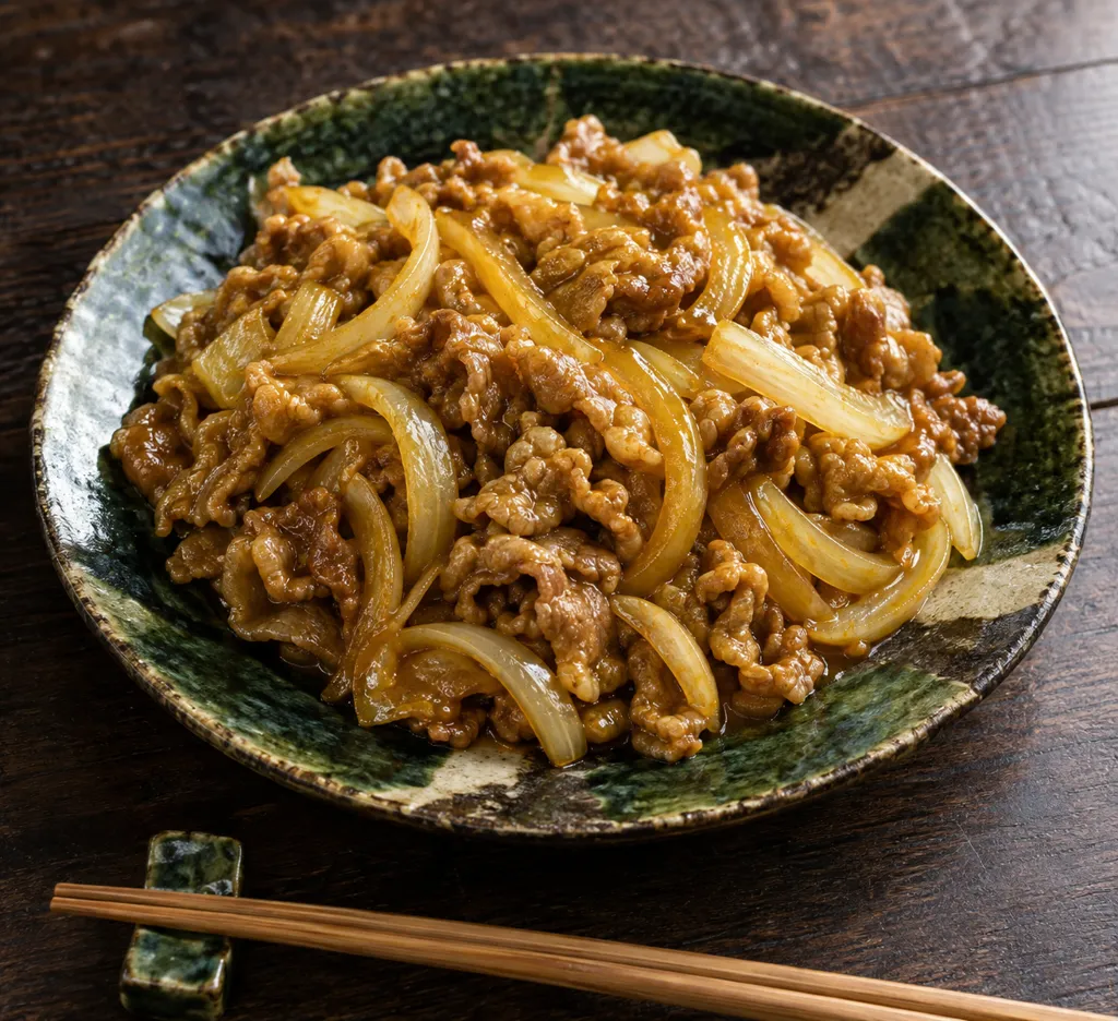 豚こま肉と玉ねぎの甘辛カレー炒めの完成イメージ