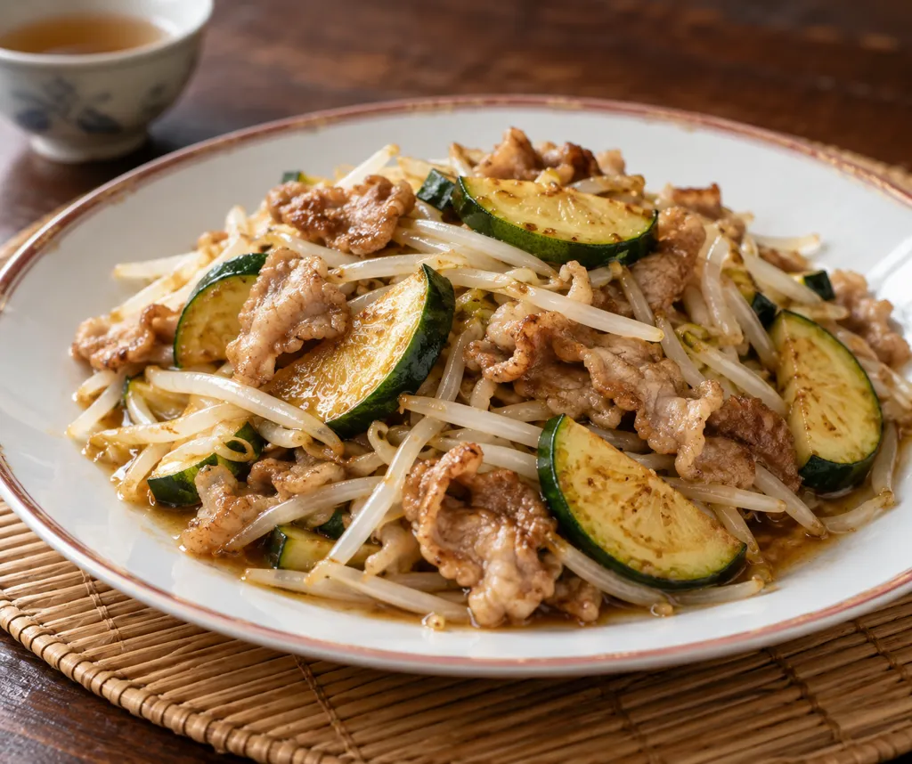 豚こま肉とズッキーニのもやし中華炒めの完成イメージ