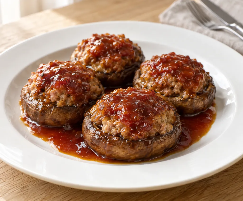 マッシュルームと豚ひき肉の詰め焼きの完成イメージ