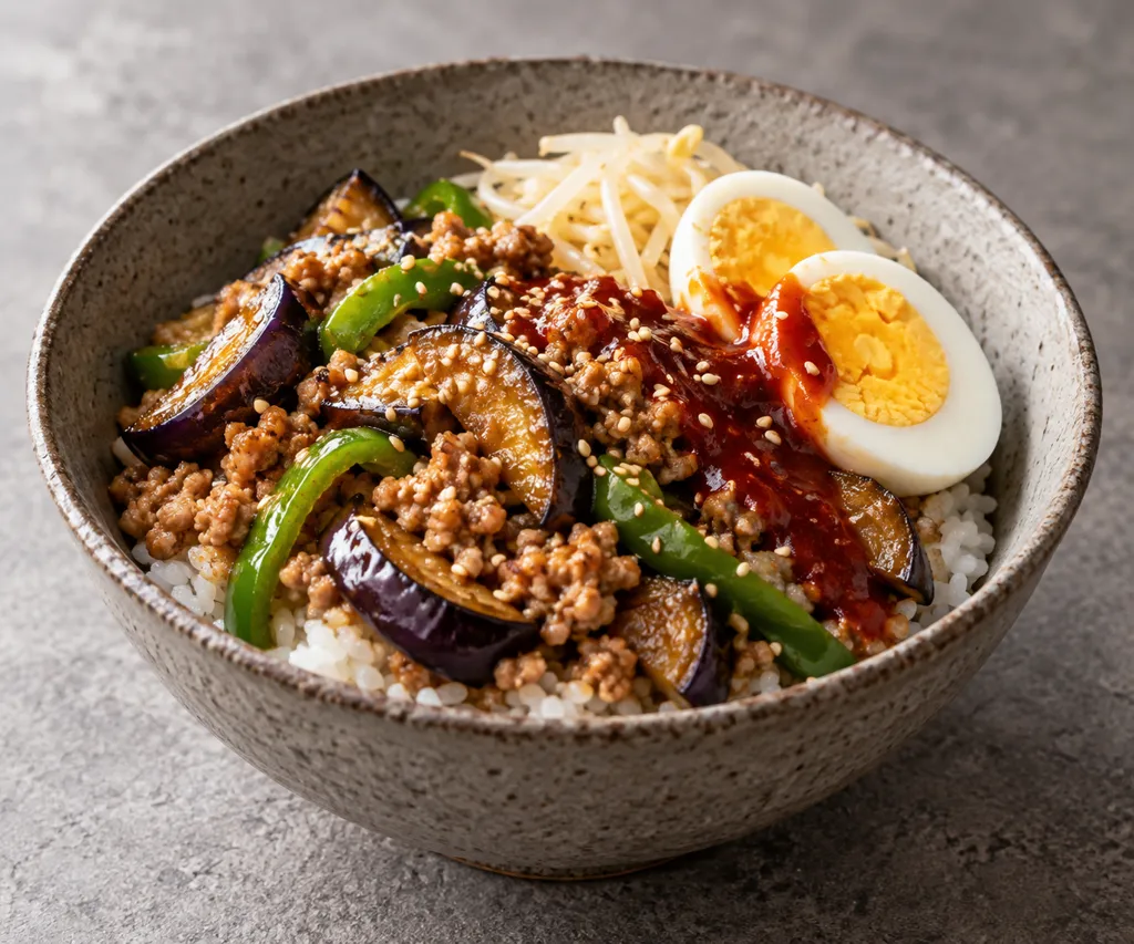 鶏ひき肉となすのビビンバの完成イメージ