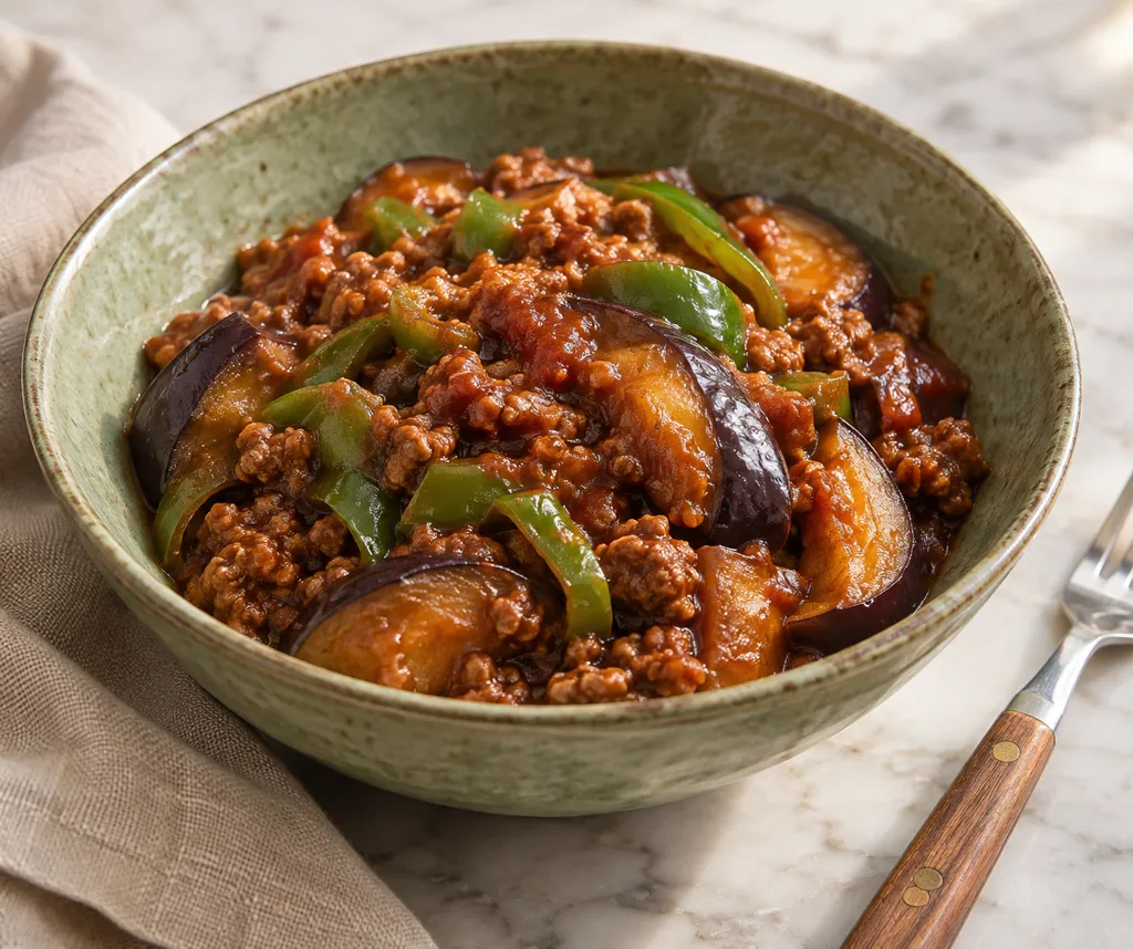 牛ひき肉となすのケチャップ煮の完成イメージ