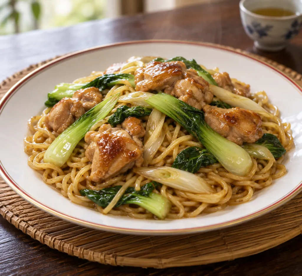 鶏もも肉とチンゲン菜の中華焼き麺の完成イメージ