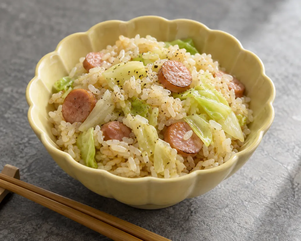 ウインナーとキャベツの中華炊き込みご飯の完成イメージ