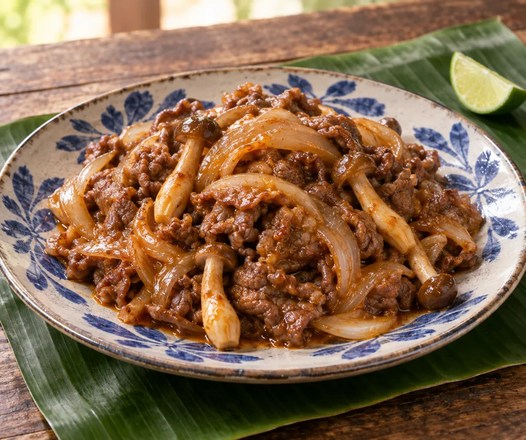 牛こま肉としめじのピリ辛味噌炒めの完成イメージ