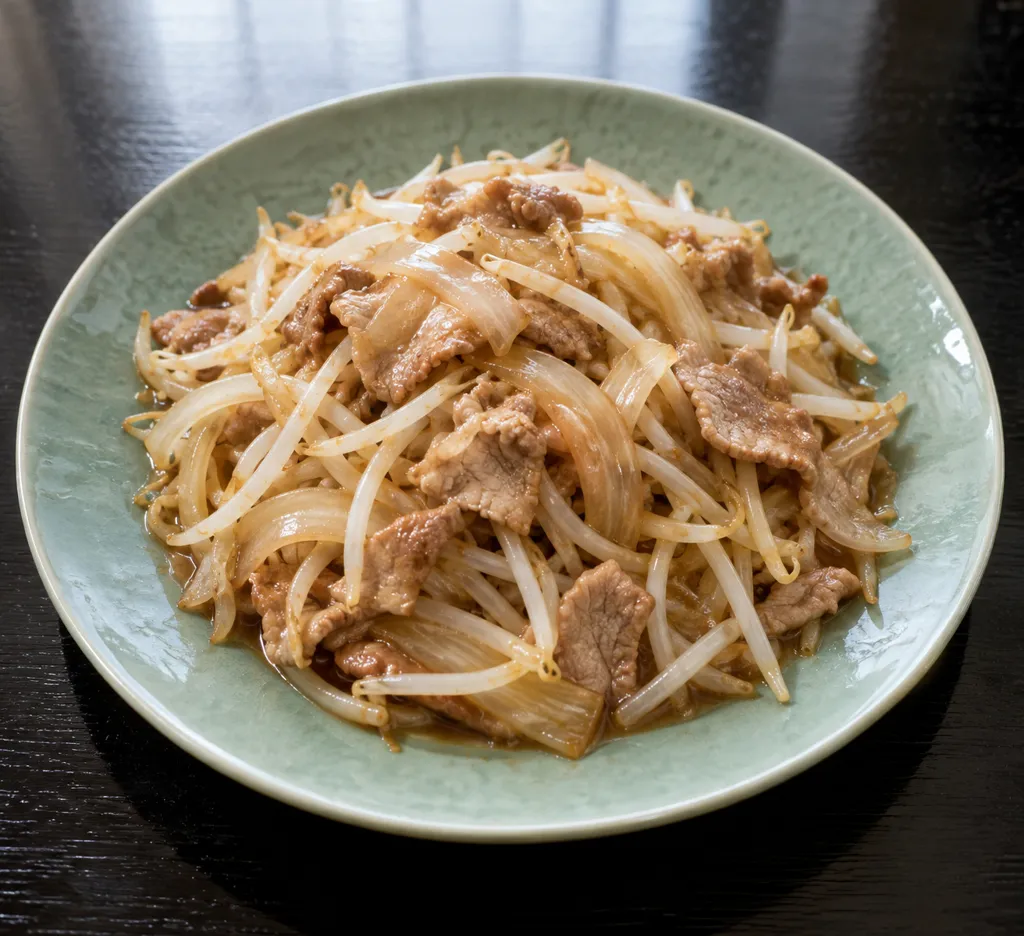 豚もも肉ともやしの玉ねぎ入り中華炒めの完成イメージ