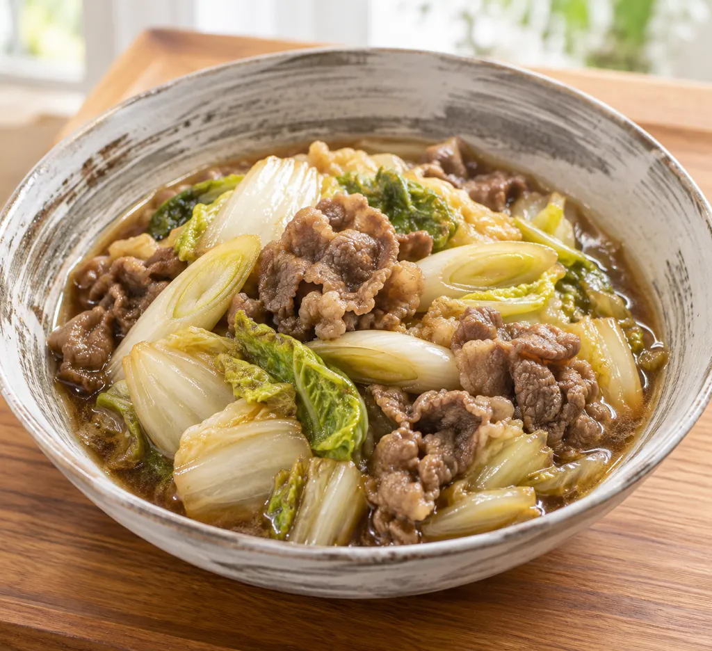 時短牛こま肉と白菜のすき焼き風煮の完成イメージ