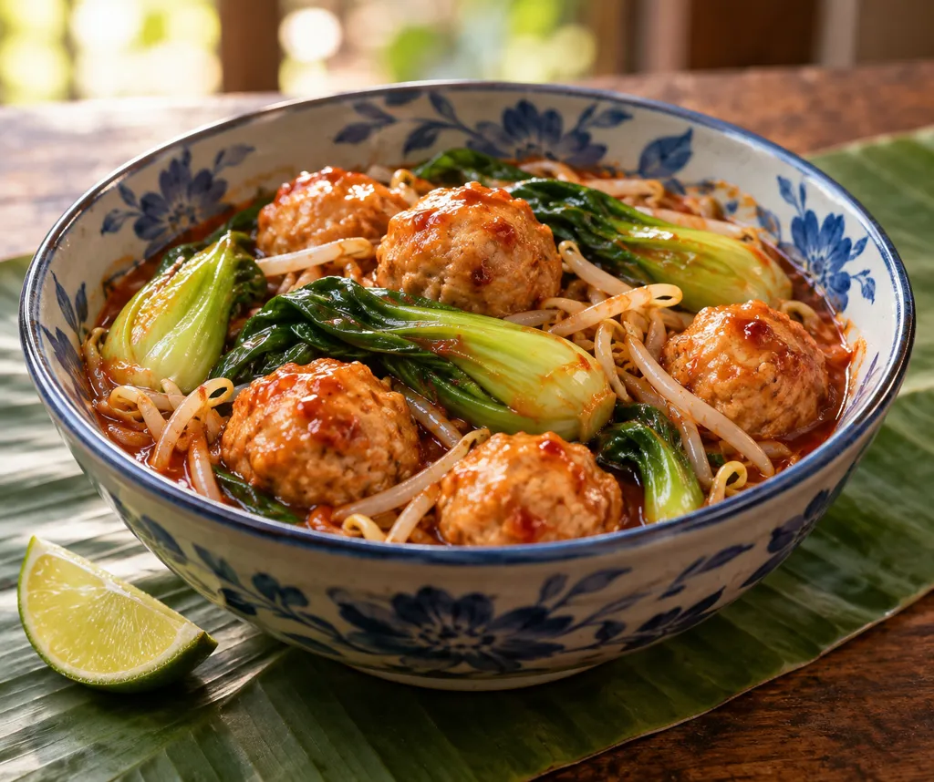 鶏団子とチンゲン菜のもやし入り辛煮の完成イメージ