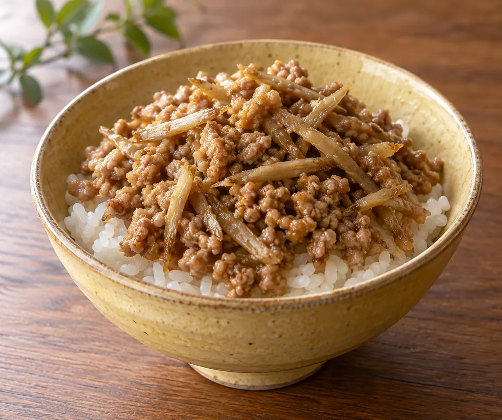 鶏肉とごぼうの味噌そぼろ丼の完成イメージ