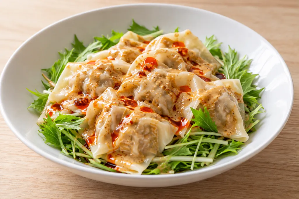 豚ひき肉と水菜のゆでワンタンごまだれの完成イメージ