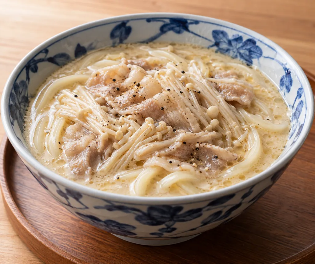 豚バラ肉とえのきの豆乳うどんの完成イメージ