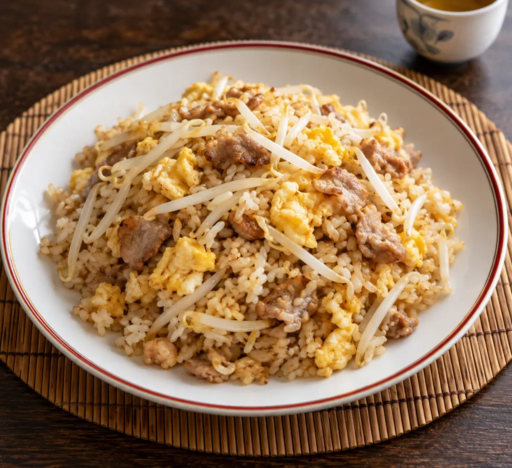 豚こま肉ともやしの卵チャーハンの完成イメージ