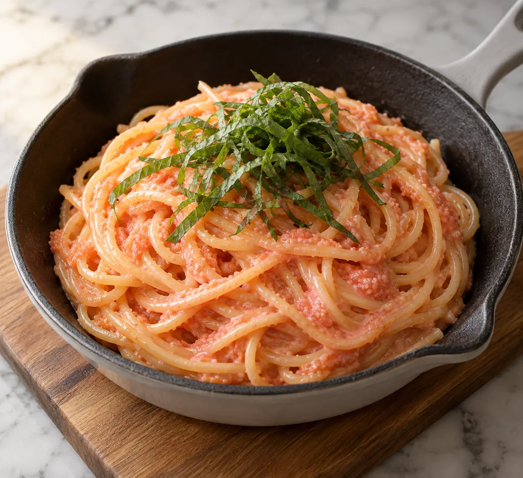 明太子と大葉のケチャップマヨパスタの完成イメージ