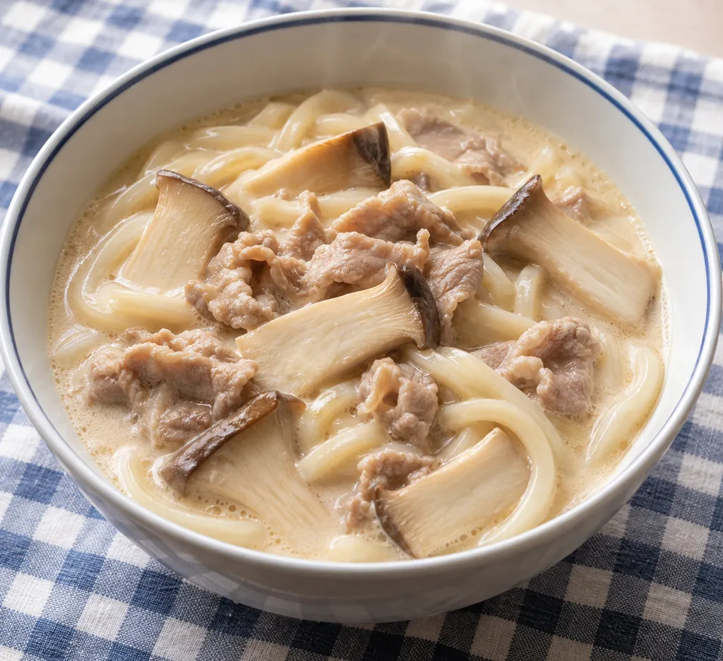 豚こま肉とエリンギの豆乳うどんの完成イメージ