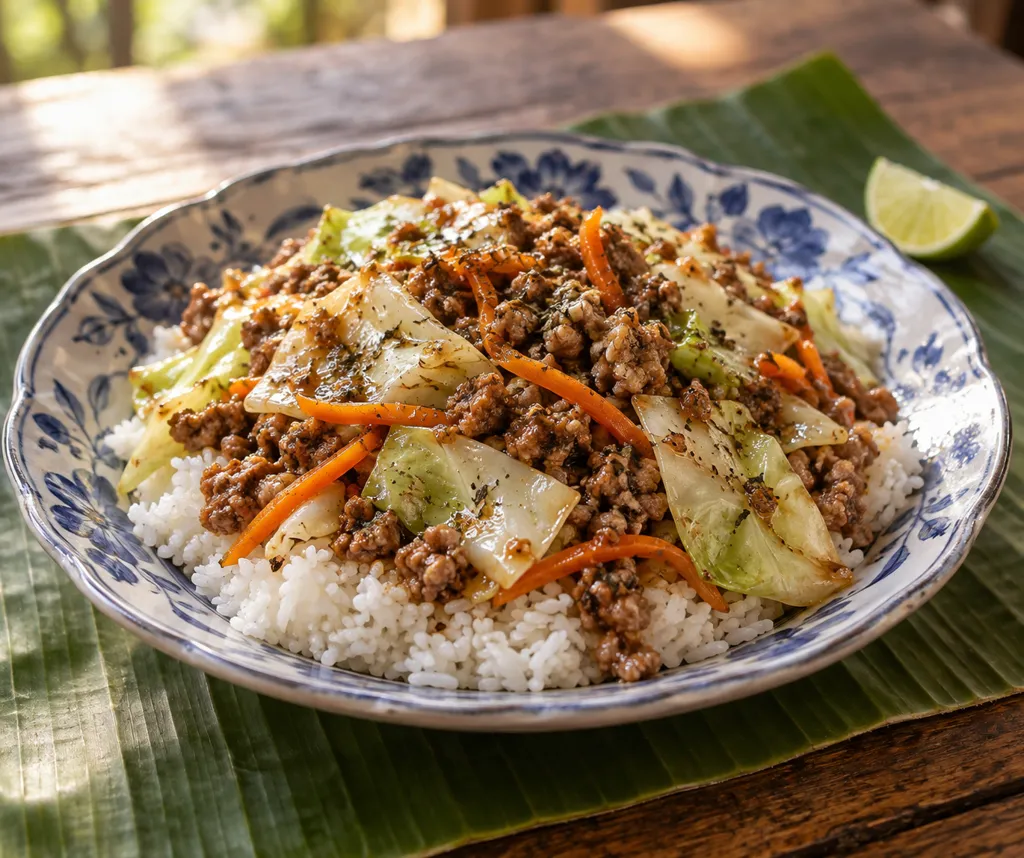 合いびき肉とキャベツのバジル炒め丼の完成イメージ