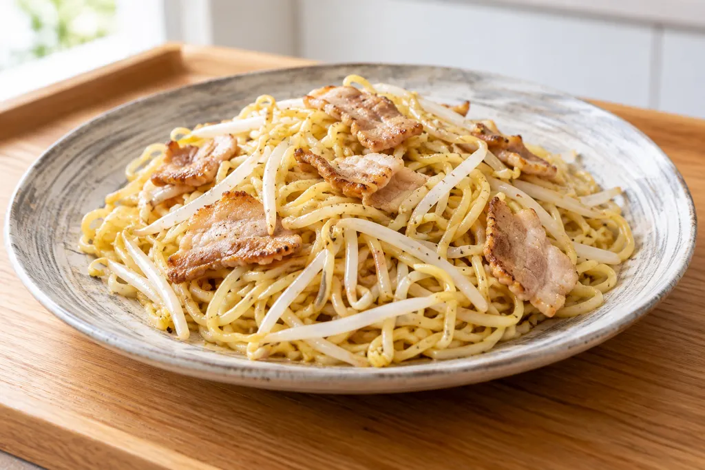 豚バラ肉ともやしの塩焼きそばの完成イメージ