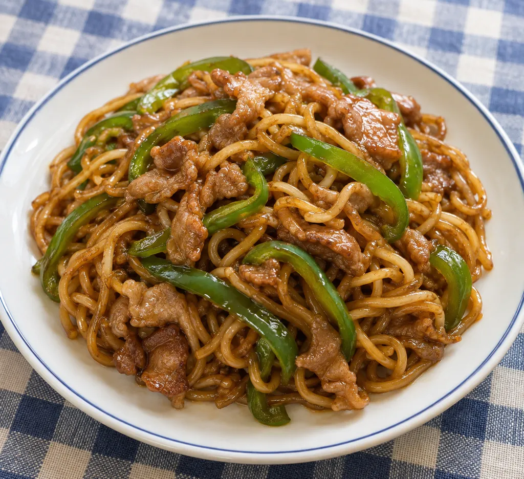 豚こま肉とピーマンのソース焼きそばの完成イメージ