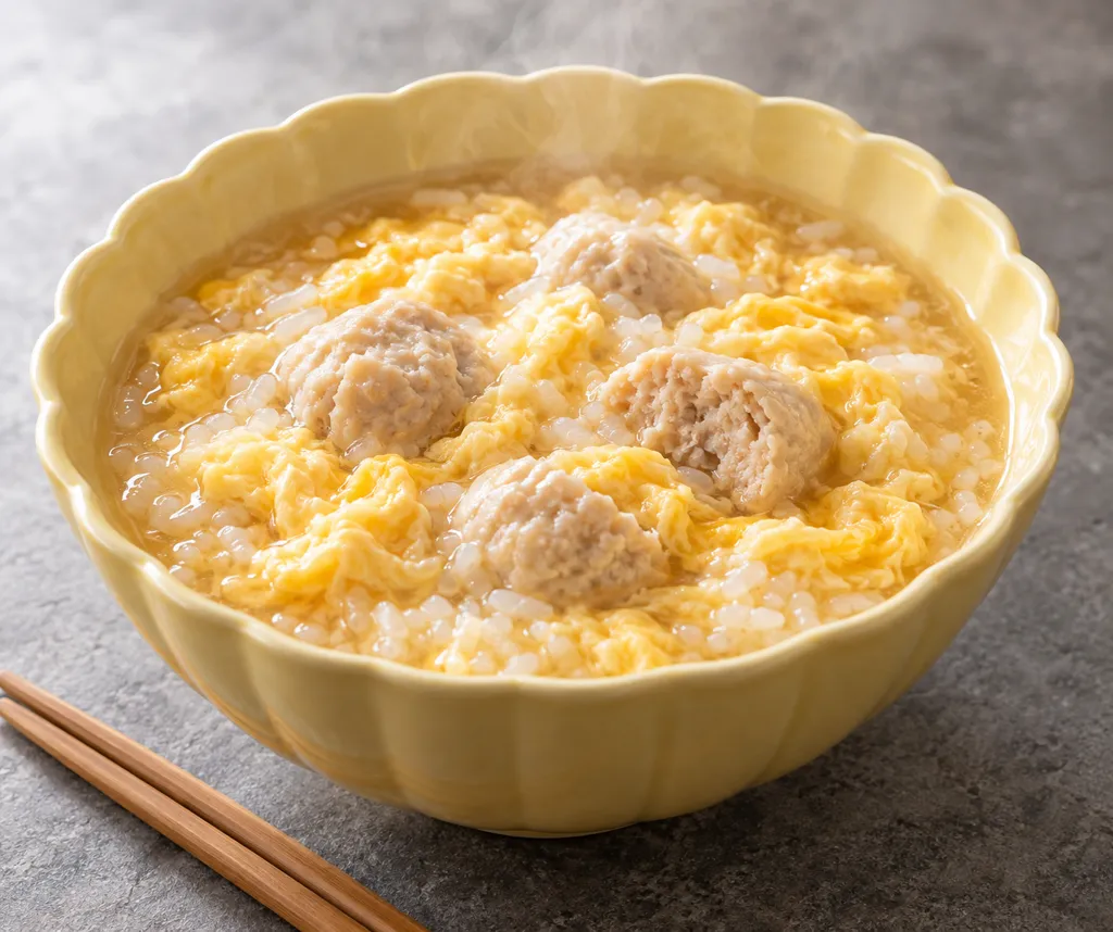 鶏団子と卵の中華雑炊の完成イメージ