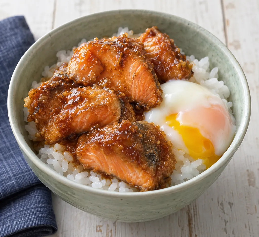 鮭と温泉卵の味噌から揚げ丼の完成イメージ