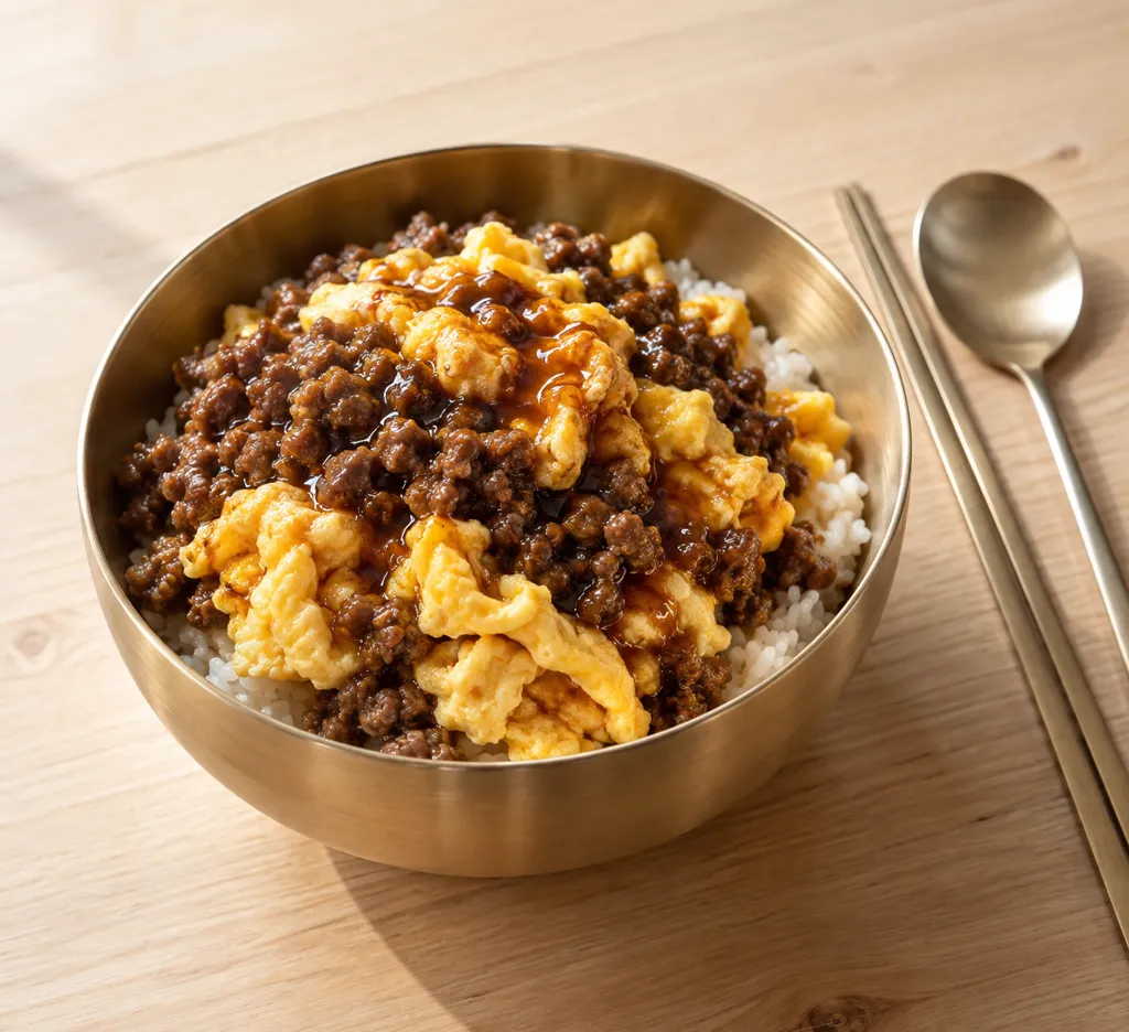 牛ひき肉と卵の韓国卵丼の完成イメージ