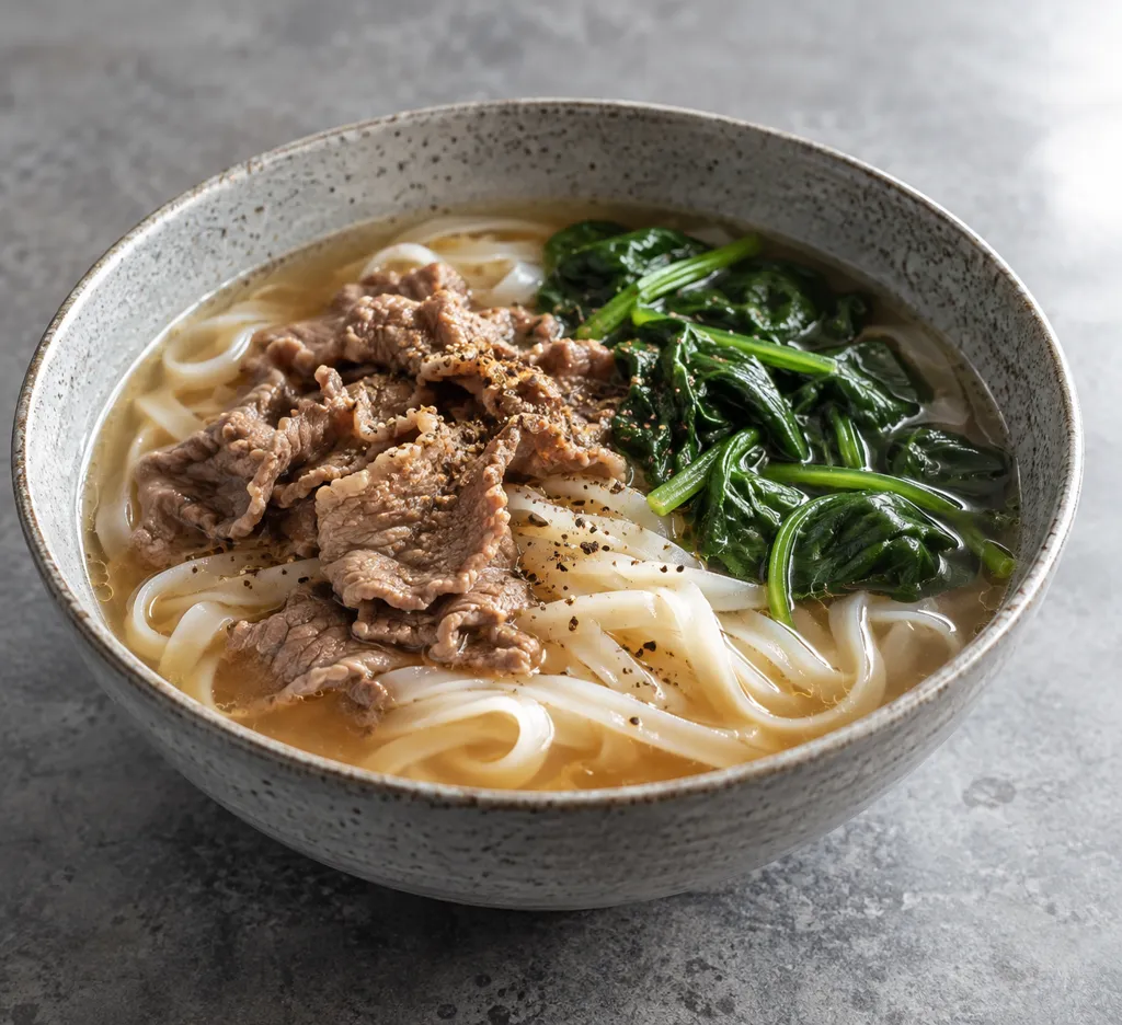 牛薄切り肉とほうれん草のフォー風米麺の完成イメージ